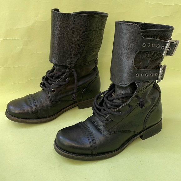 Dark brown All Saints heavily distressed leather Damisi style combat boots - Picture 1 of 16